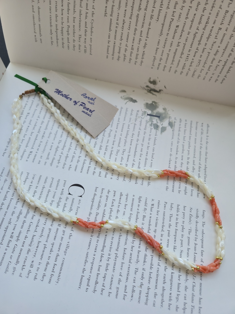 MOTHER OF PEARL White Twisted Bead Necklace with Genuine Coral